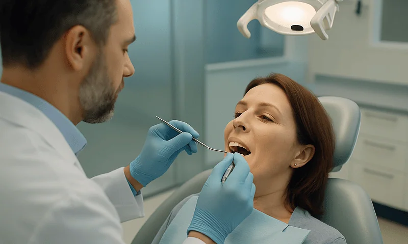 Dentist examining woman's teeth in a modern dental clinic.
