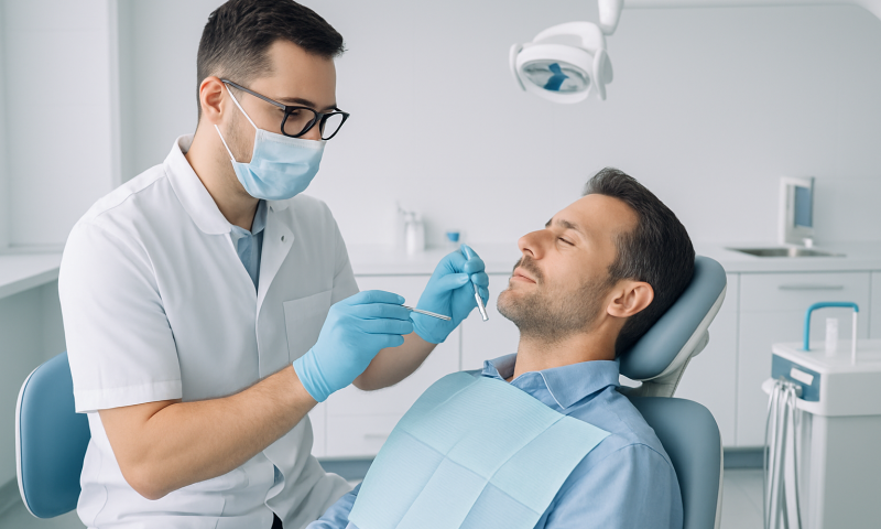 Dentist performing a dental procedure on a patient in a clinic.