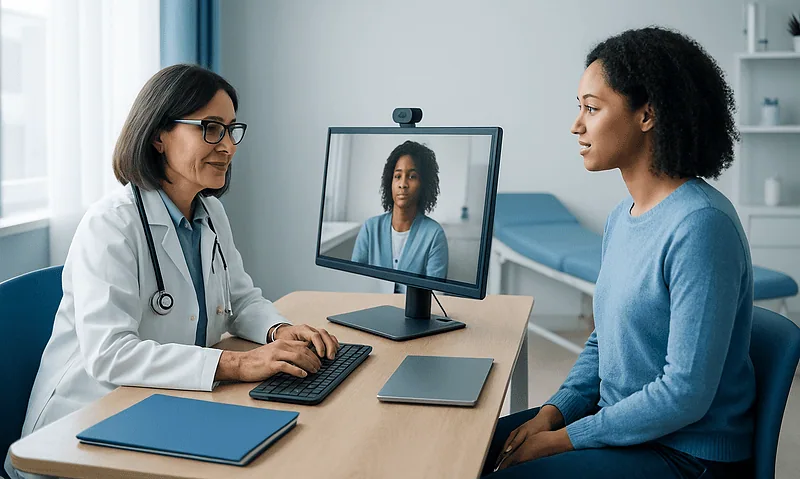 Doctor consulting with patient via telehealth video call in a medical office.