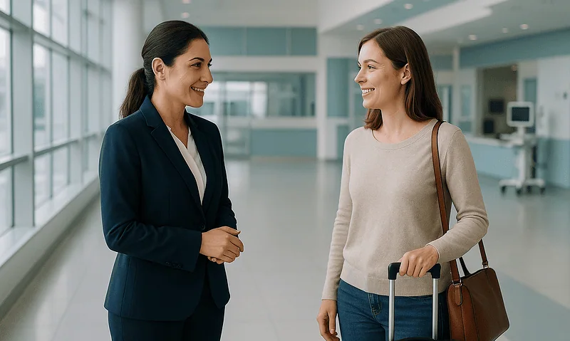 Two women talking at an airport, one with a suitcase, in a modern terminal.