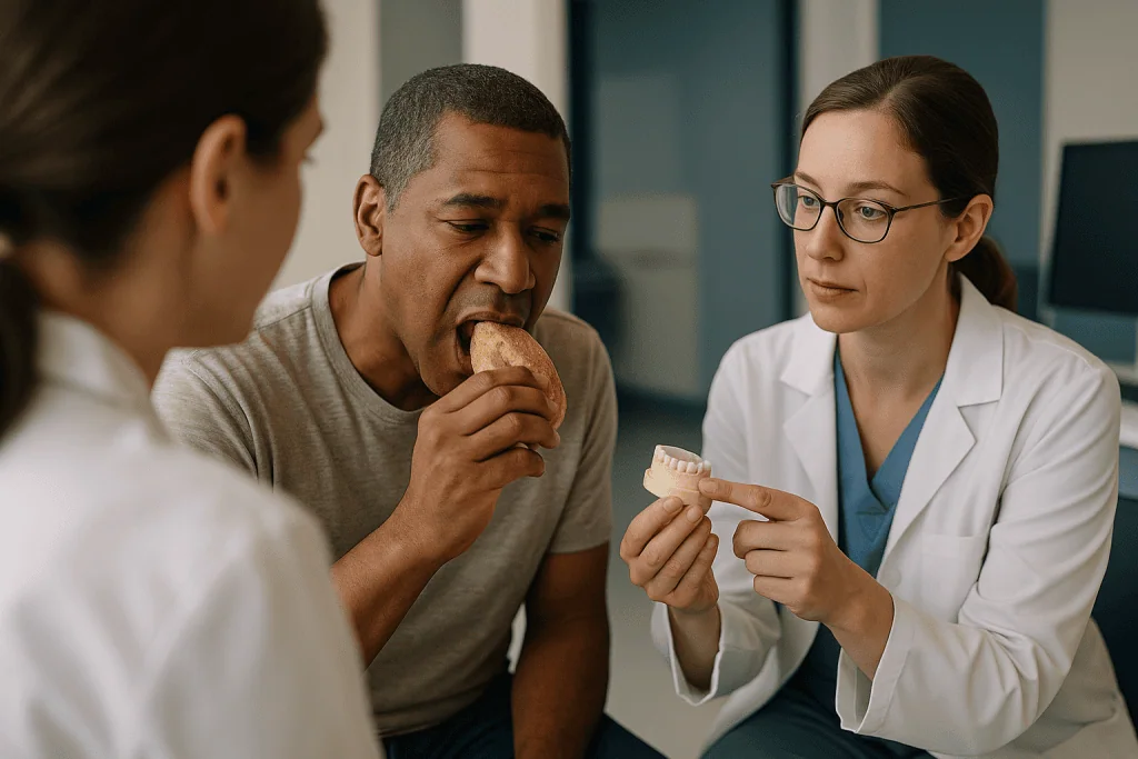 Dentist consulting patient about dental model and crown: Temporary crowns follow different rules than permanent ones