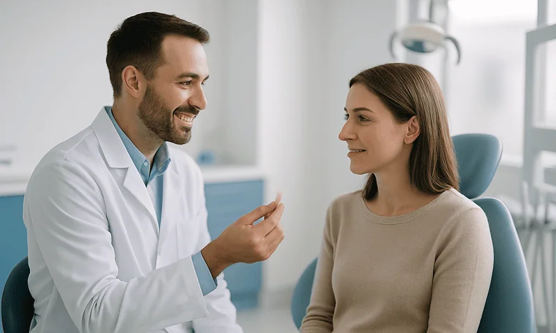 Dentist explaining dental care to a patient in a clinic setting.