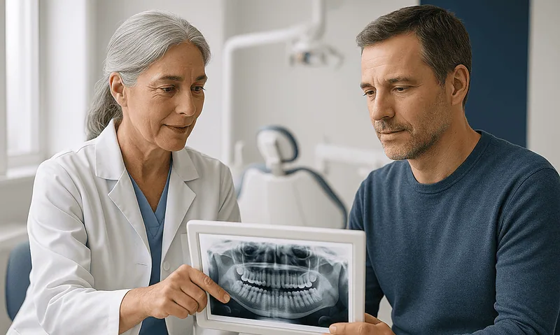 Dentist and patient reviewing dental X-ray in clinic.