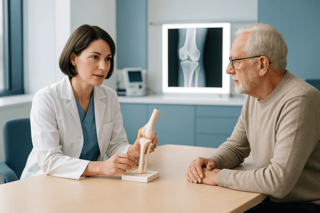 Tendon Rupture 1 Orthopedic doctor explaining knee anatomy to an elderly patient.