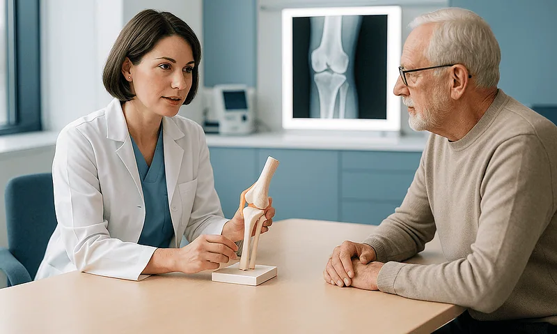 Orthopedic doctor explaining knee anatomy to an elderly patient.