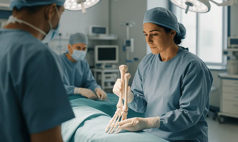 Surgeons performing tendon surgery in a modern hospital operating room.