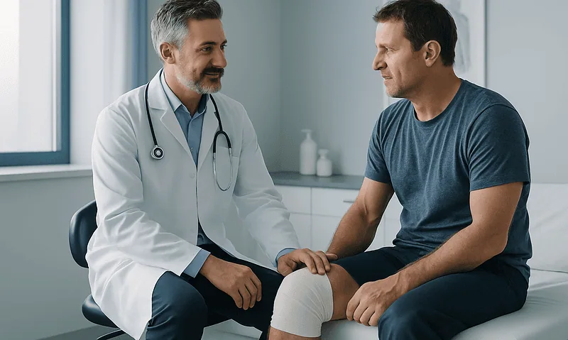 Doctor consulting with a patient about knee injury treatment options.