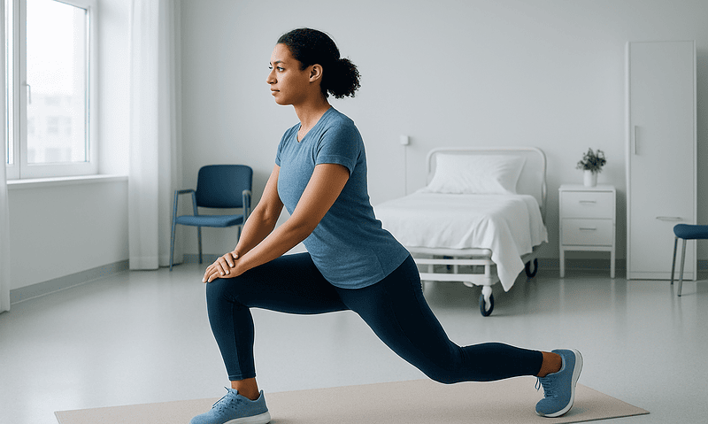 Woman performing stretching exercise in hospital room.
