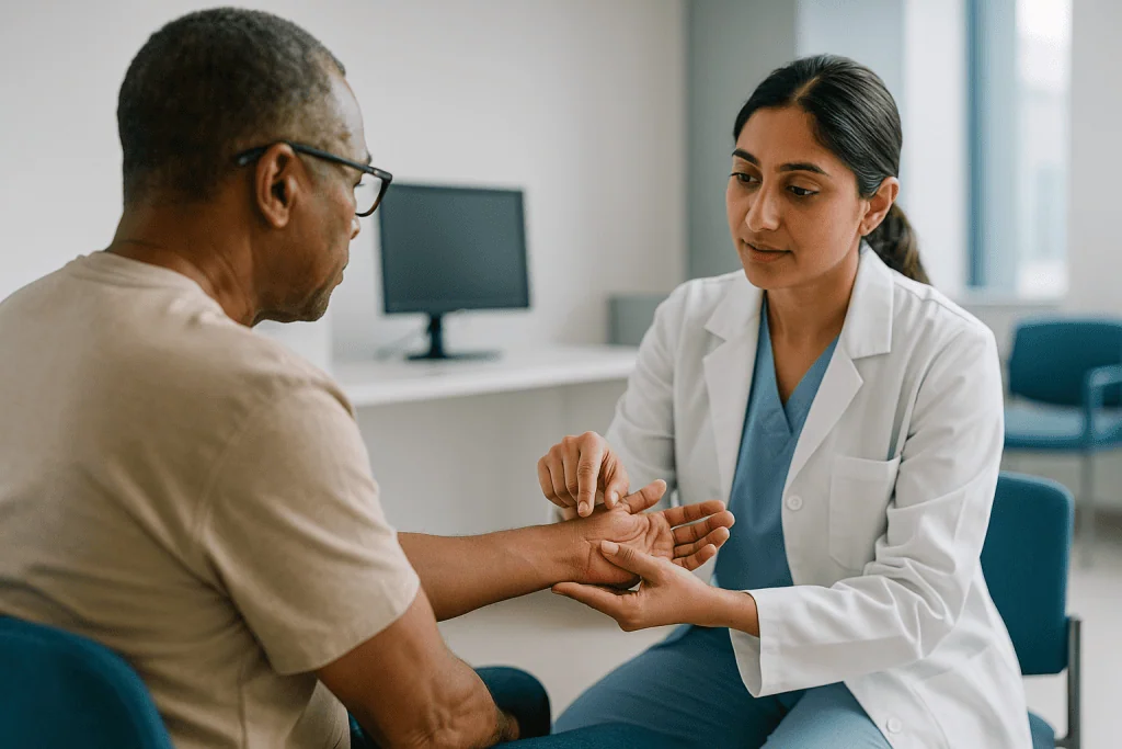 Doctor examining patient's hand and wrist: Tendonitis vs tenosynovitis: what's the difference?