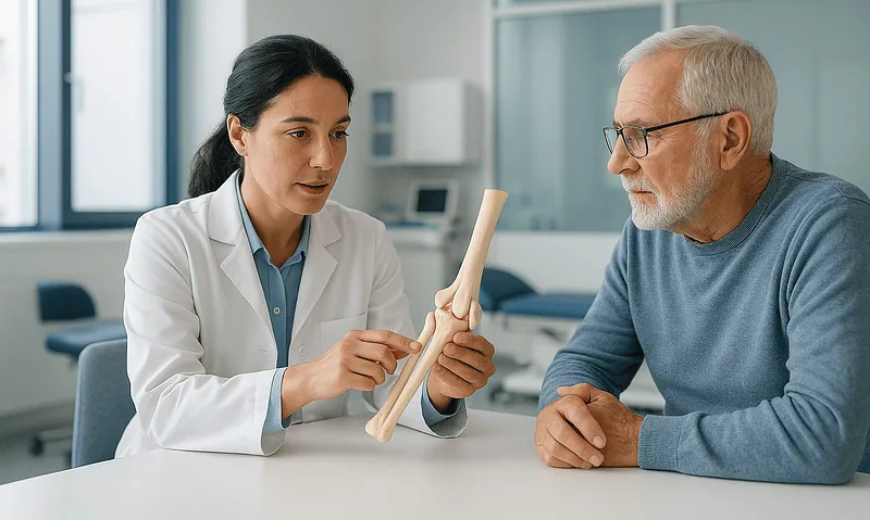 Doctor explaining elbow anatomy to an elderly patient in a medical consultation.