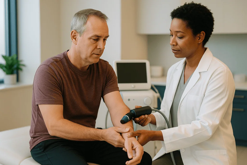 Doctor examining patient's arm with ultrasound probe: Tennis elbow and shockwave therapy: a cautious yes