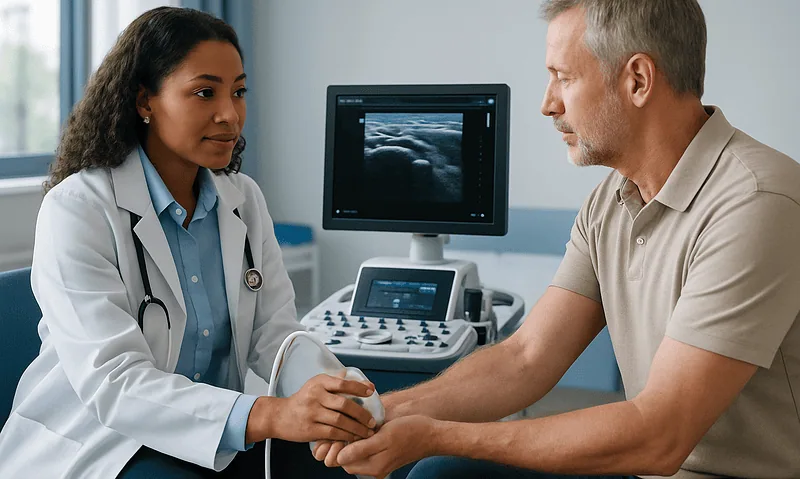 Doctor performing ultrasound examination on patient with monitor in background.