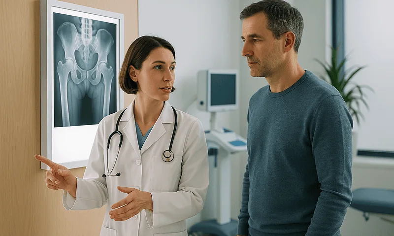 Doctor explaining hip X-ray to patient in medical consultation room.