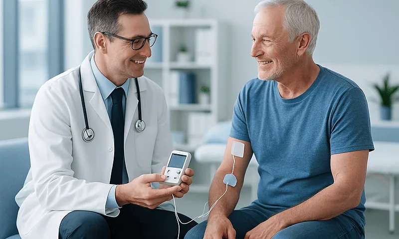 Doctor explaining TENS unit to an elderly patient in a clinic setting.