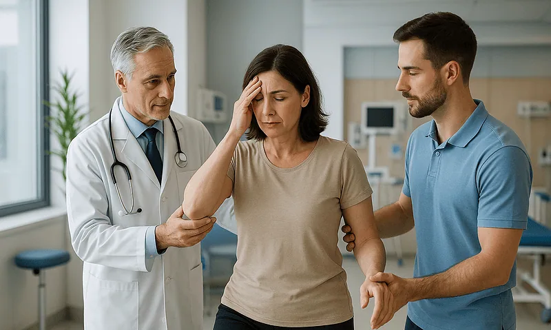 Doctor examines woman with headache in hospital setting.