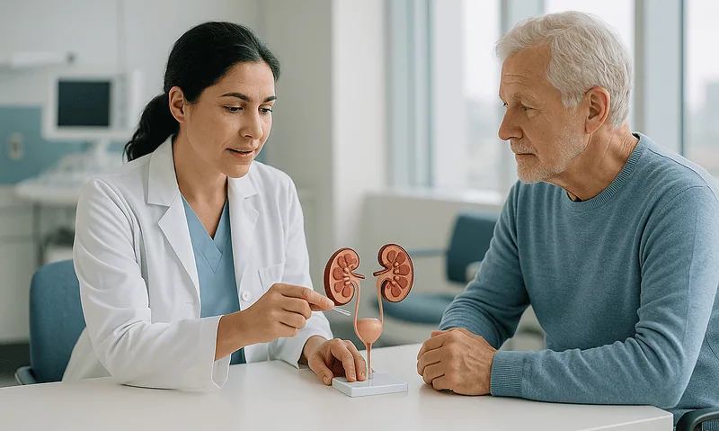 Doctor explaining kidney model to patient in a medical consultation.