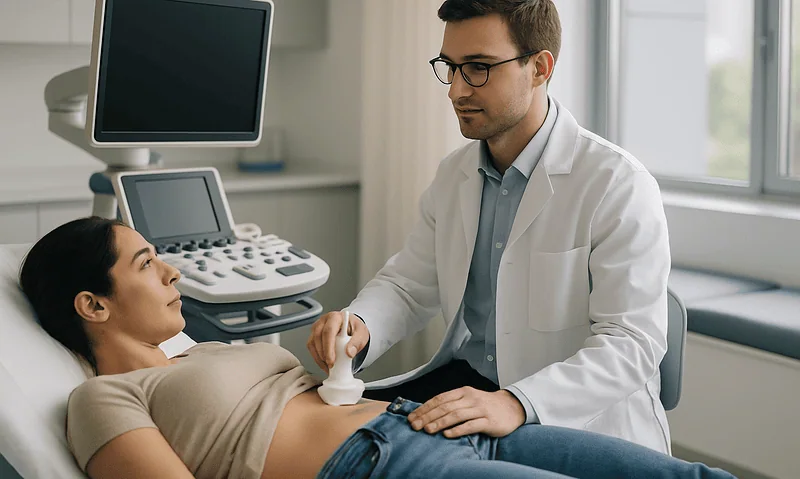 Doctor examining a patient with ultrasound in a hospital room.