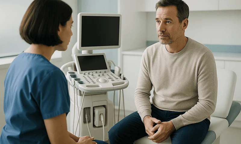 Doctor consulting male patient in a medical examination room.