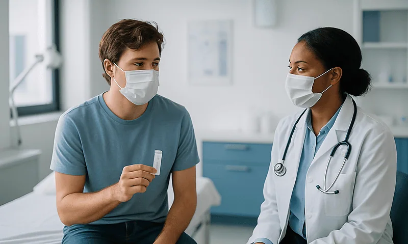 Patient consulting with doctor about COVID-19 test results in hospital.