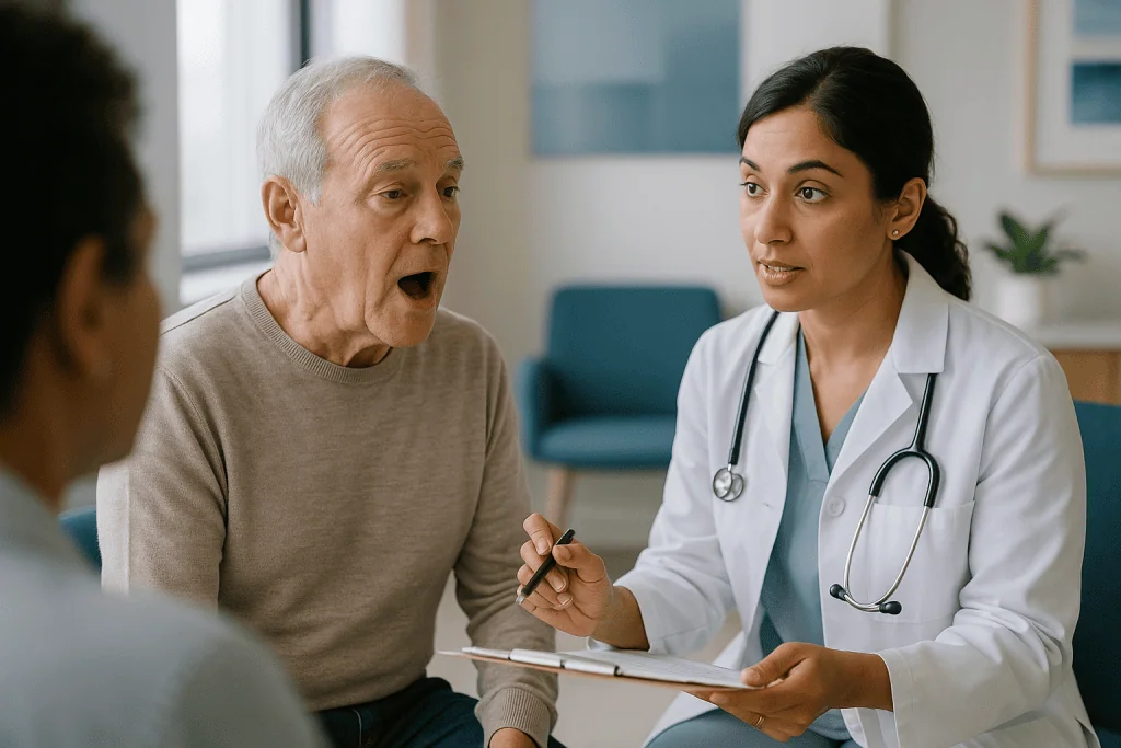 Doctor consulting elderly patient in clinical setting: Testing speaking: fluency, naming, and repetition