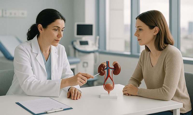 Doctor explaining kidney health to a patient in a medical consultation.