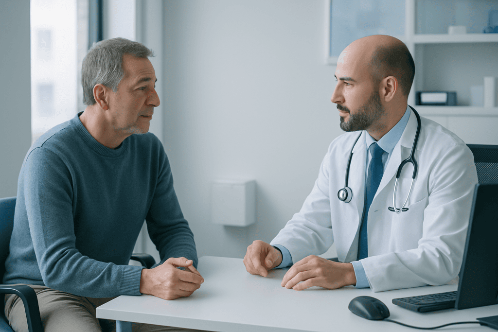 Testosterone Deficiency Treatment 1 Doctor consulting with middle-aged male patient in a modern clinic setting.