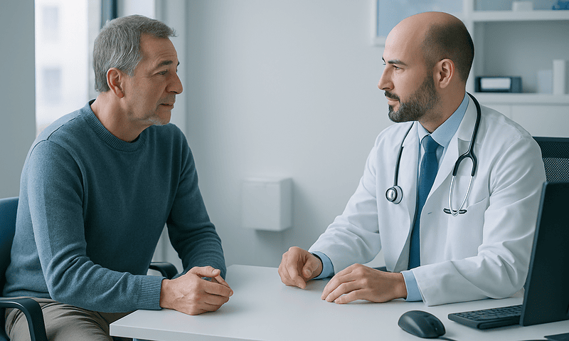 Doctor consulting with middle-aged male patient in a modern clinic setting.