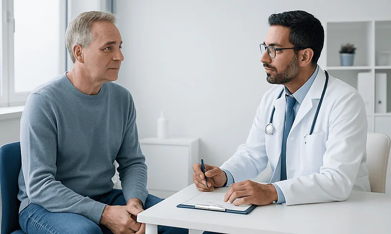 Doctor consulting with a male patient in a modern clinic setting.