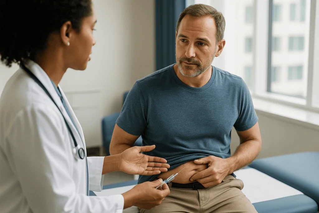 Doctor consulting male patient about abdominal health: Testosterone injections: peaks, troughs and the shape of the curve