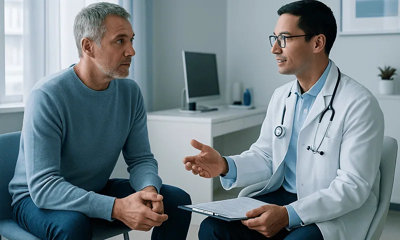 Doctor consulting with middle-aged male patient in a modern clinic.
