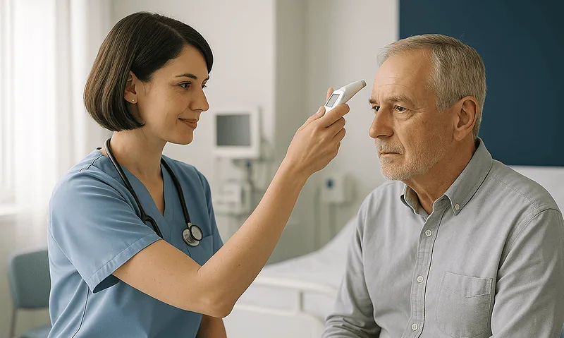 Nurse checks patient's temperature in hospital room.