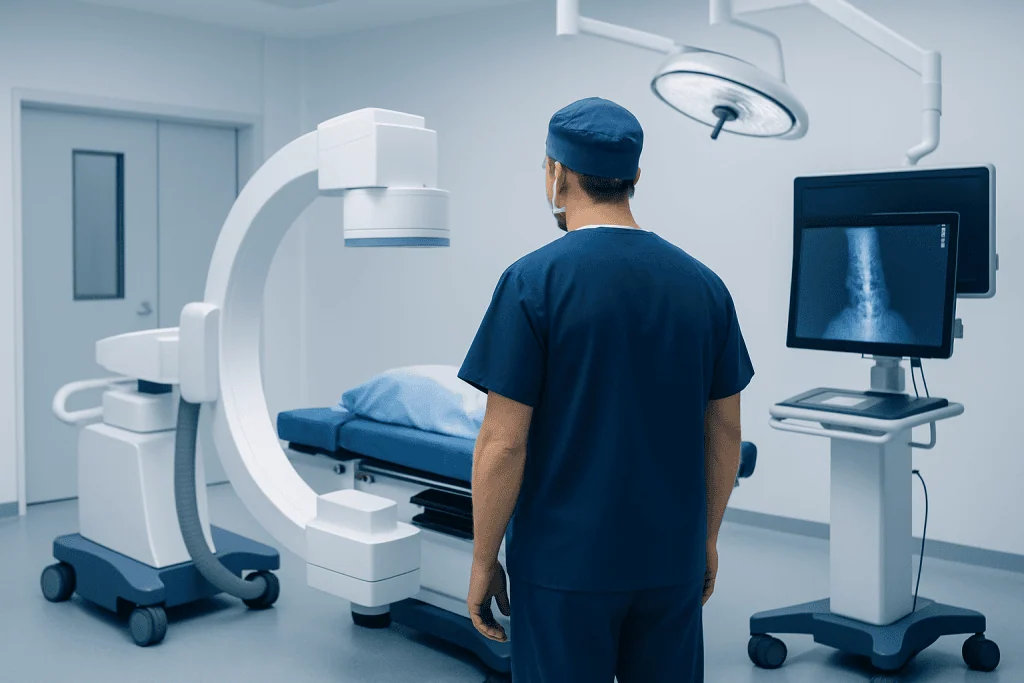 Tethered Cord Surgery 1 Medical professional in operating room with imaging equipment and monitor.