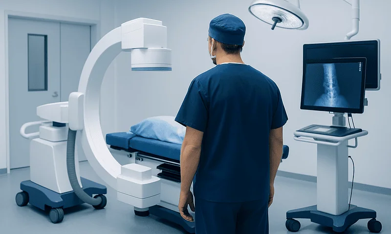 Medical professional in operating room with imaging equipment and monitor.