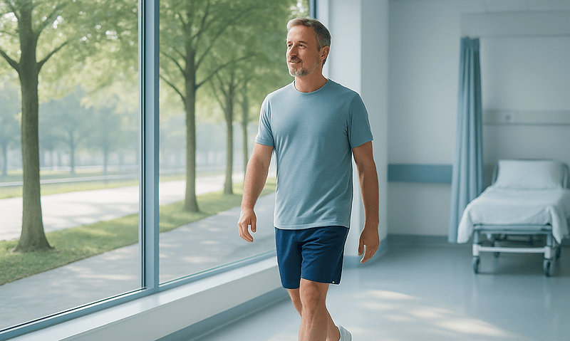 Man walking in hospital corridor after tethered cord surgery recovery.