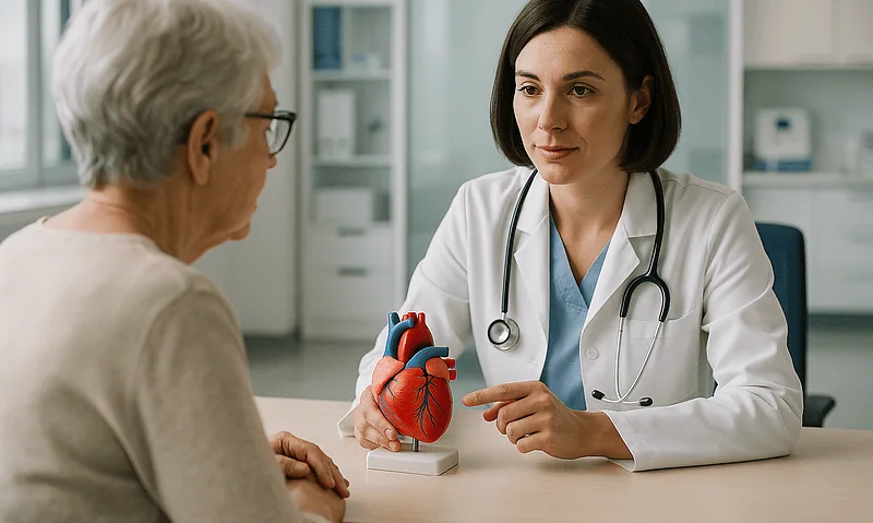 Cardiologist explaining heart health to elderly patient in clinic.