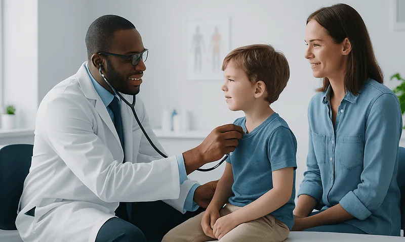 Pediatric doctor examining a young boy with his mother in a clinic setting.