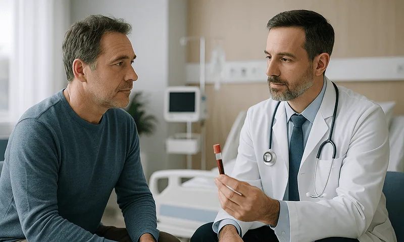 Doctor consulting with a patient in a hospital room for Thalassemia treatment.