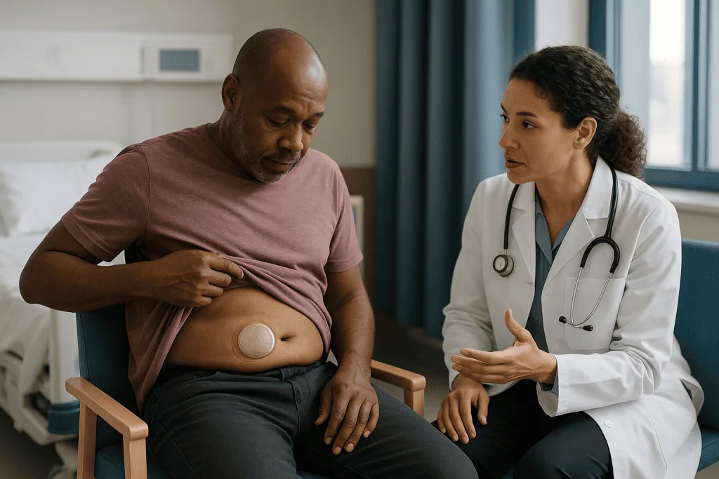 Doctor examining patient with abdominal implant device: The abdominal pocket: where the pump sits and why it goes there