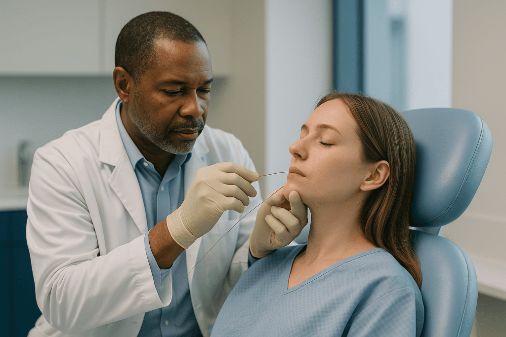 Doctor examining patient's cheek and jaw area: The anchoring suture: the stitch that does the work