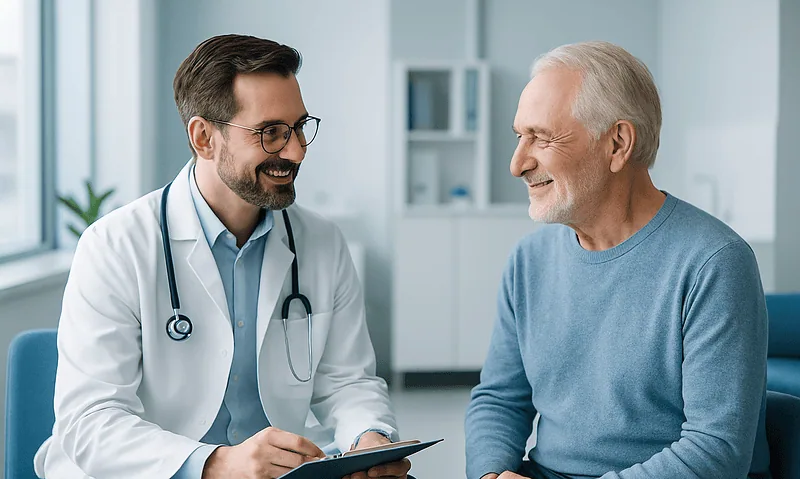 Doctor consulting with elderly patient in a modern clinic setting.
