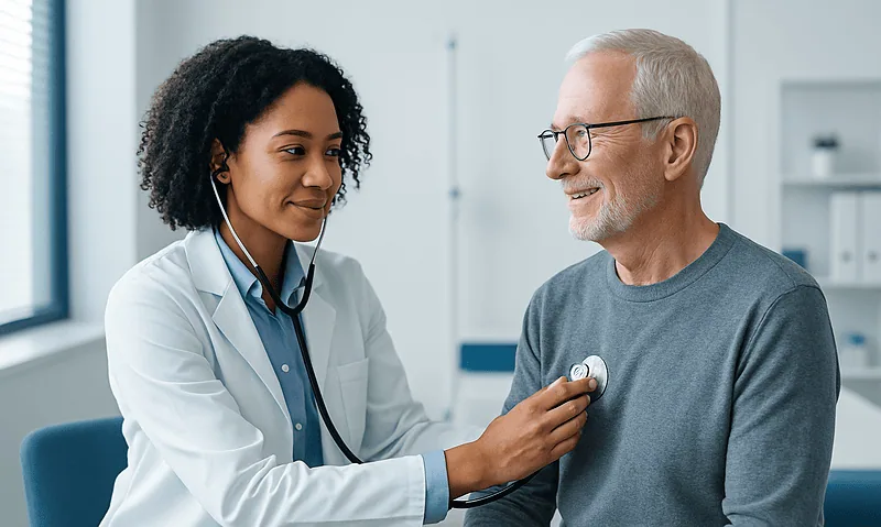 Doctor examining an elderly male patient with a stethoscope in a medical office.