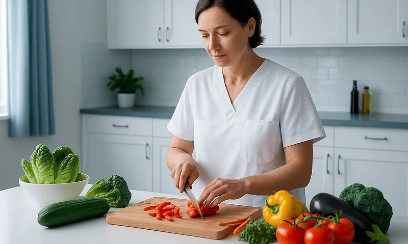 Woman preparing fresh vegetables in a modern kitchen for a healthy diet.