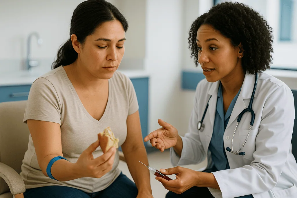 Doctor consulting patient holding food item: The antibody timeline: why the timing of the draw matters