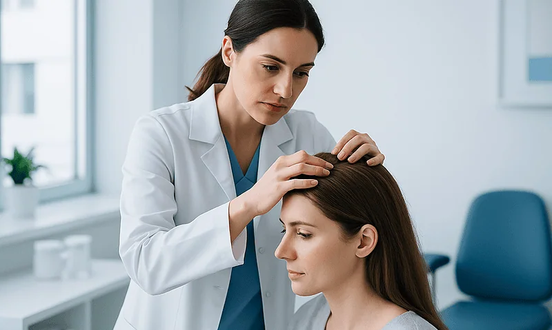 Medical professional examining a woman's scalp in a clinic setting.