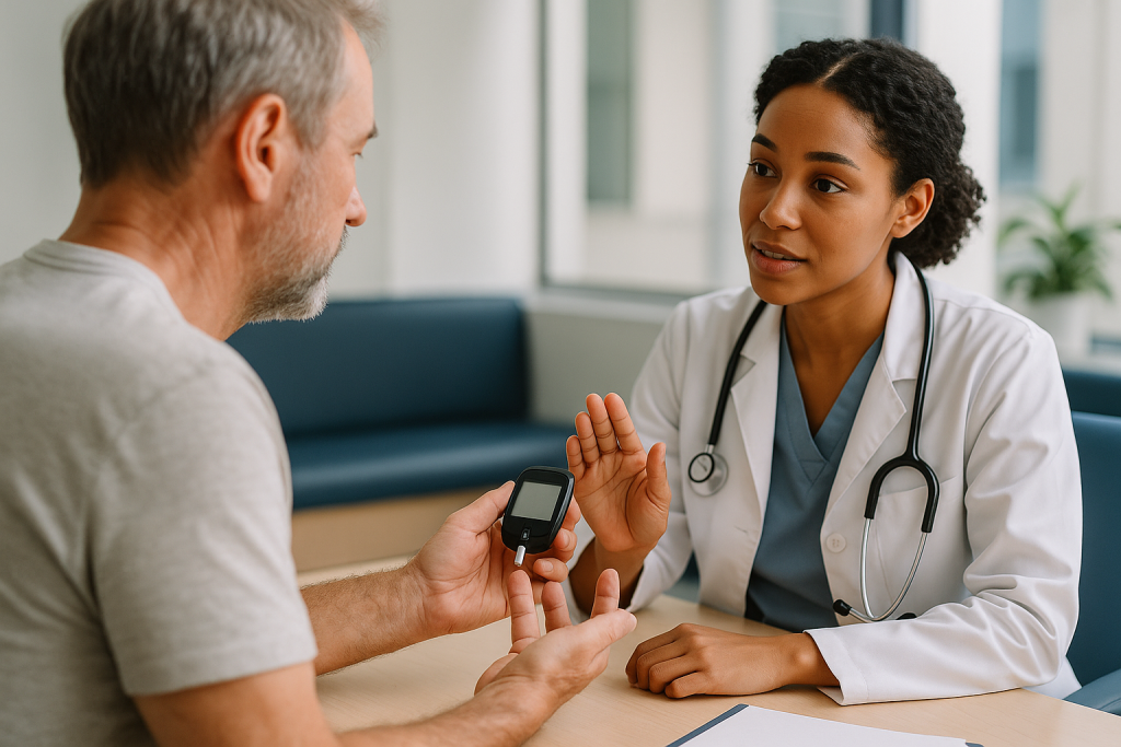 Doctor consulting patient with blood glucose meter — The Blood Sugar Levels Chart at a Glance