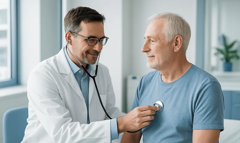 Doctor listening to senior patient's heartbeat with stethoscope in clinic.