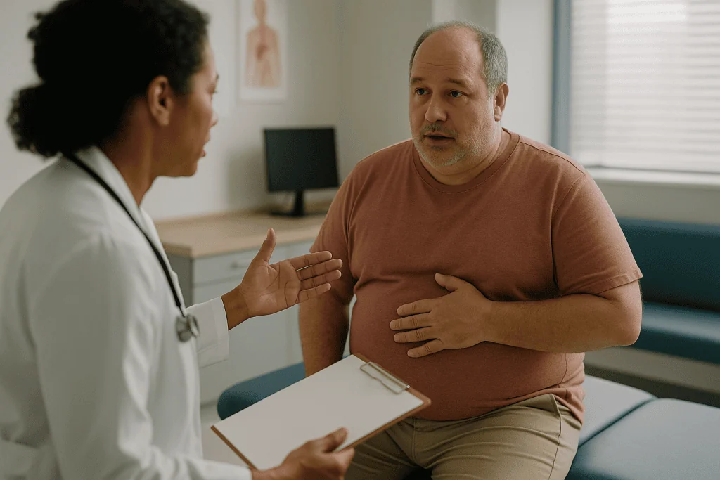 Doctor consulting with overweight male patient in clinic: The body's reasons: heart, lungs, scar tissue and body shape