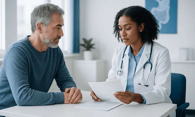 Doctor consulting with a patient about health in a medical office.