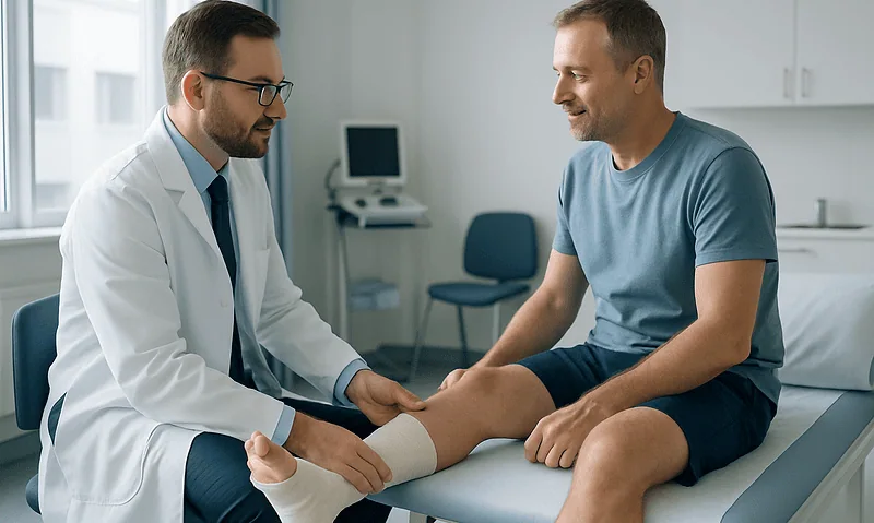 Orthopedic doctor examining patient's ankle in a clinic setting.