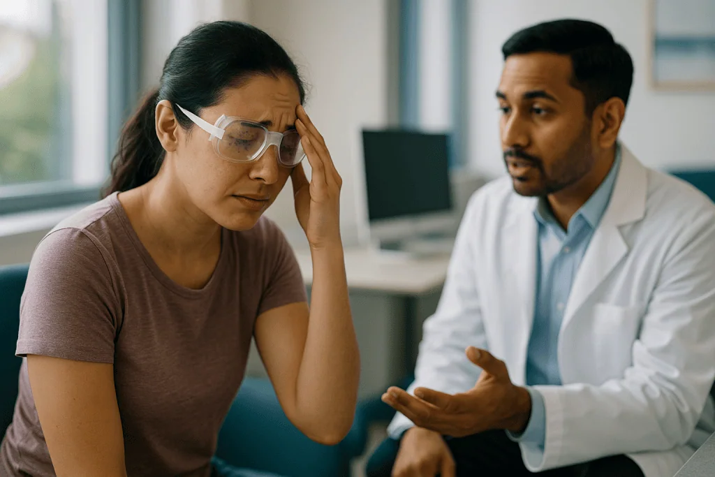 Doctor consulting with patient about medical concerns: The burning hours and the blurry evening: why they happen
